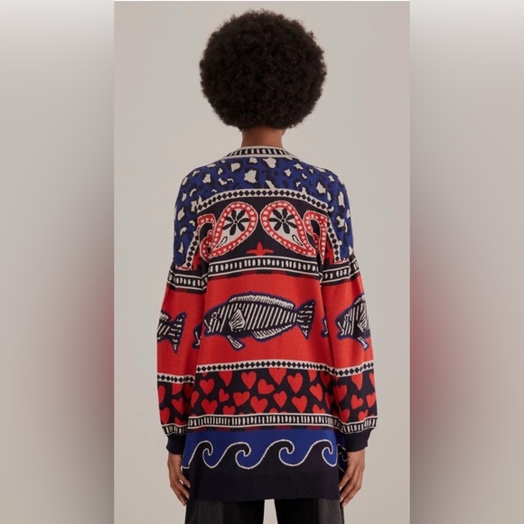 Farm Rio Navy Mixed Print Knit Cardigan Sz Small‎ Oversized Dopamine Teacher - Picture 3 of 9